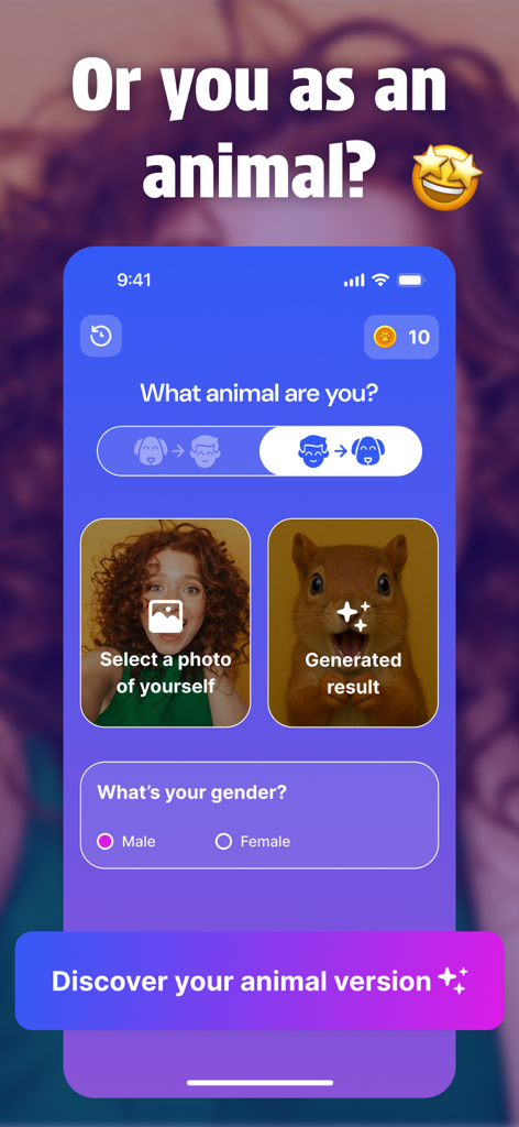 Mobile app interface showing a human to animal photo transformation using AI
