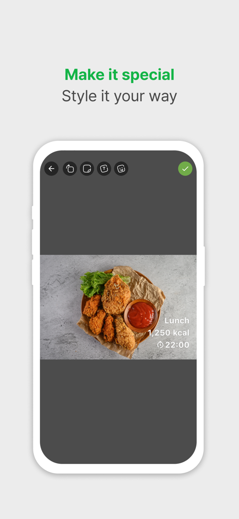 Eat Slowly - Interfaz de la aplicación Come Despacio para personalizar un registro de comida con una foto de comida y detalles del almuerzo