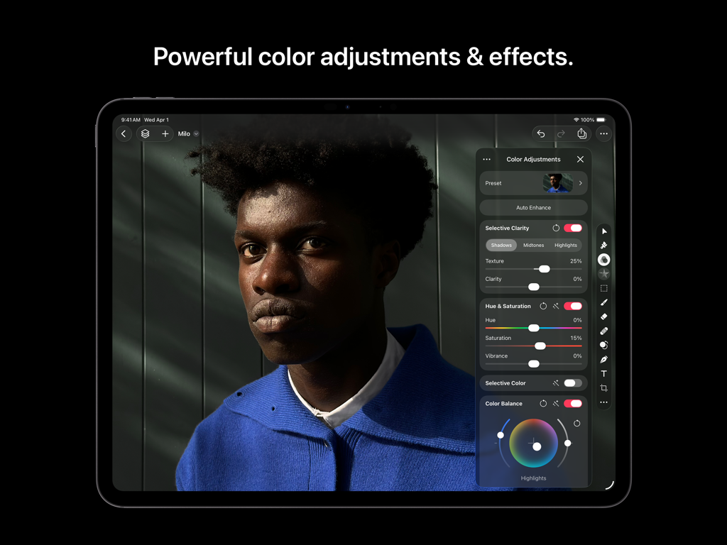 A portrait photo being edited with professional color adjustment tools on Pixelmator Pro for iPad.