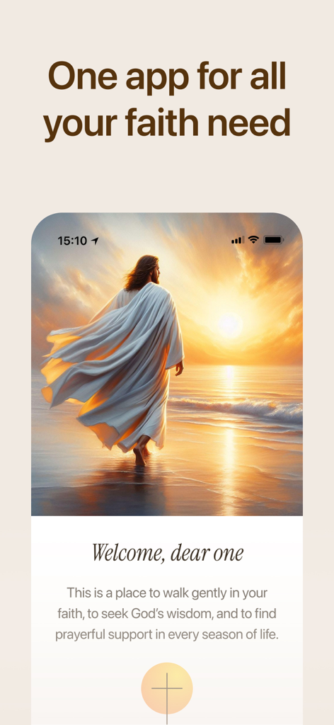 Bible Chat & Verse Widget - The welcome screen of the Bible Chat and Verse Widget app featuring an illustration of Jesus walking on water at sunset