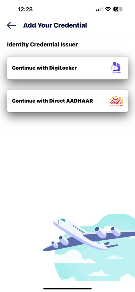 Digi Yatra - Digi Yatra app screen to add credentials using DigiLocker or Aadhaar.