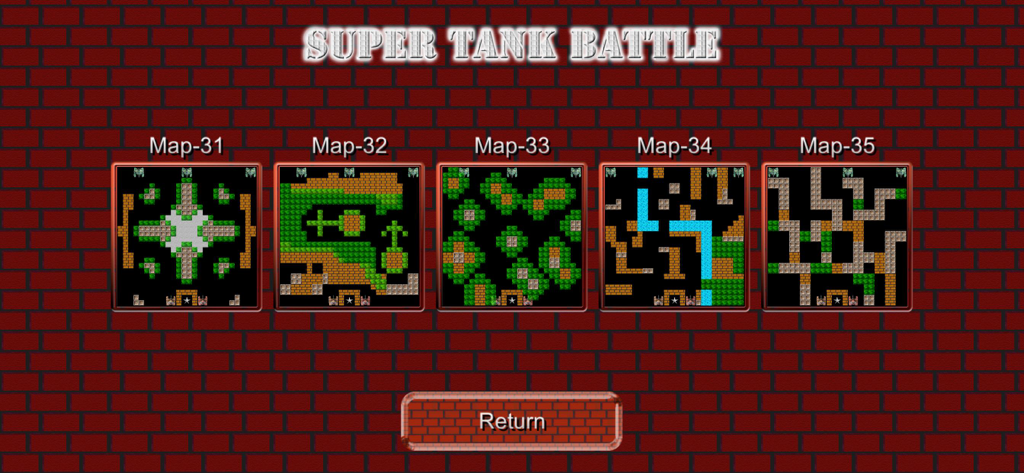 Levelauswahlbildschirm in Super Tank Battle, der mehrere Karten im Retro-Stil zeigt