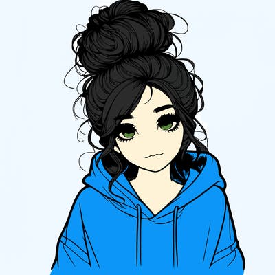 realistic girl with a massy bun and a hoodie