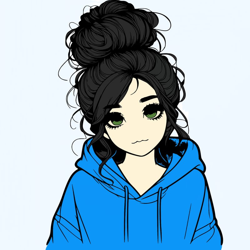 realistic girl with a massy bun and a hoodie
