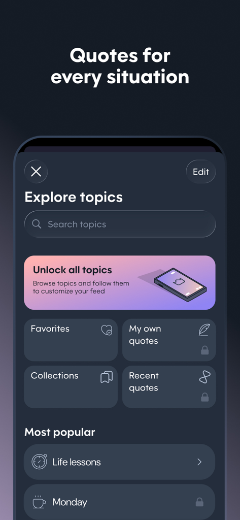 検索バーと人気カテゴリを表示する、モチベーションアプリのトピック探索画面。
