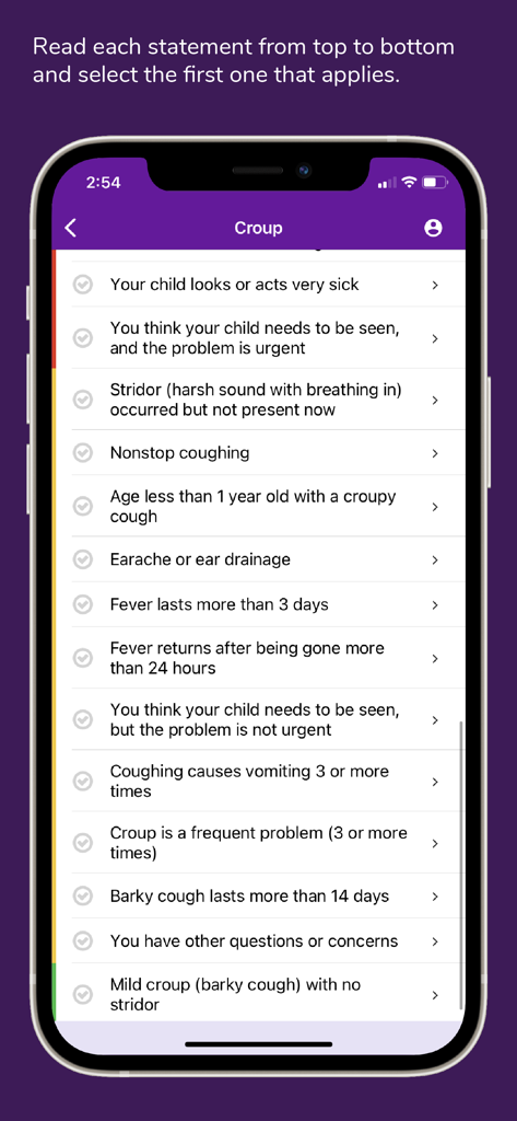 Pediatric SymptomMD - Résumé du triage des symptômes de croup dans l'application Pediatric SymptomMD