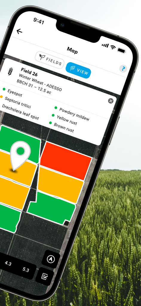 xarvio-App zeigt eine Feldkarte mit Warnungen vor Krankheitsrisiken für Winterweizen an