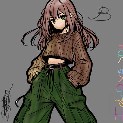 anime teen girl with baggy pants and crop top with sweater