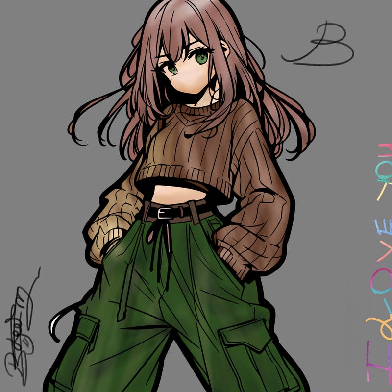 anime teen girl with baggy pants and crop top with sweater