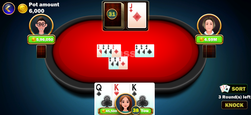 Tonk classic Tunk card game - Écran de jeu du Tonk Classic Tunk card game montrant trois joueurs et des cartes sur une table rouge.