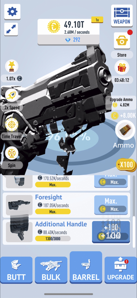 Idle Guns Factory Tycoon - Gameplay screenshot of Idle Guns Factory Tycoon showing the assembly of a futuristic weapon with upgrade options