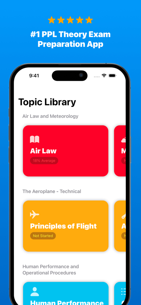 PPL学科試験対策のトピックライブラリ（航空法、飛行原理などのカテゴリを含む）を表示するモバイルアプリの画面。