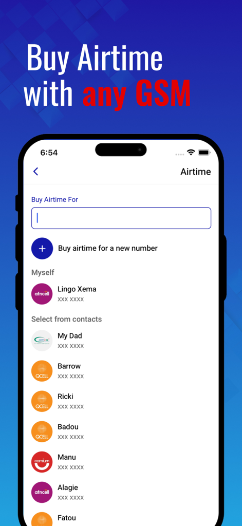 APS Wallet: Customer - Mobile app interface showing the option to buy airtime for different Gambian mobile networks through APS Wallet
