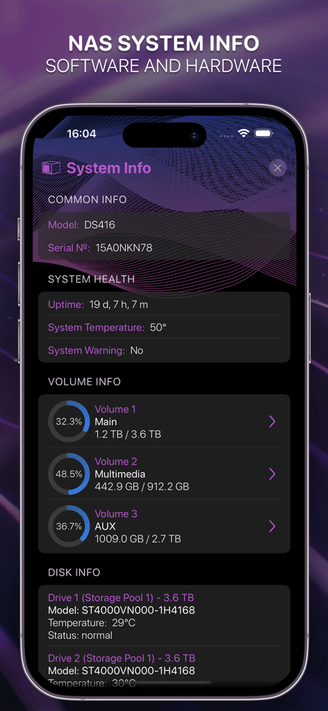 NASDL Manager - NASDL Manager app screen showing Synology NAS system health and storage volume status.