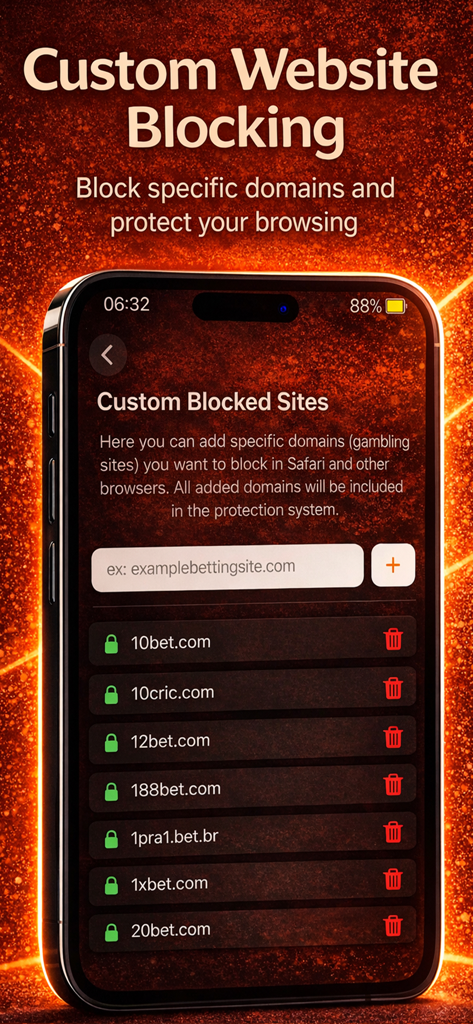 Bet Free: Stop Gambling Now - Interface of Bet Free app showing a list of custom blocked gambling domains and a text field to add more