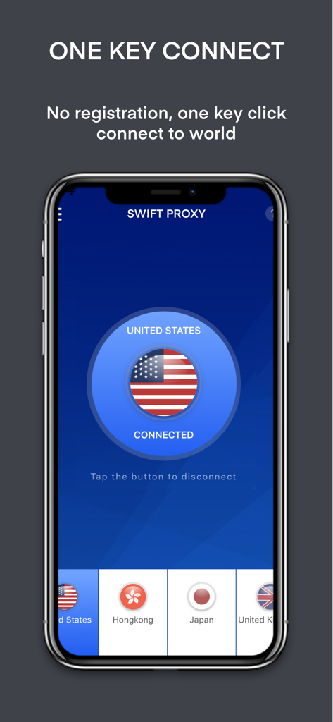 Swift Proxy app interface showing a one-click connection to a United States server.