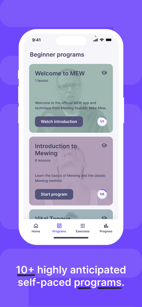 Mewing by Dr Mike Mew - Mewing app screen showing beginner training programs and introductory lessons by Dr Mike Mew
