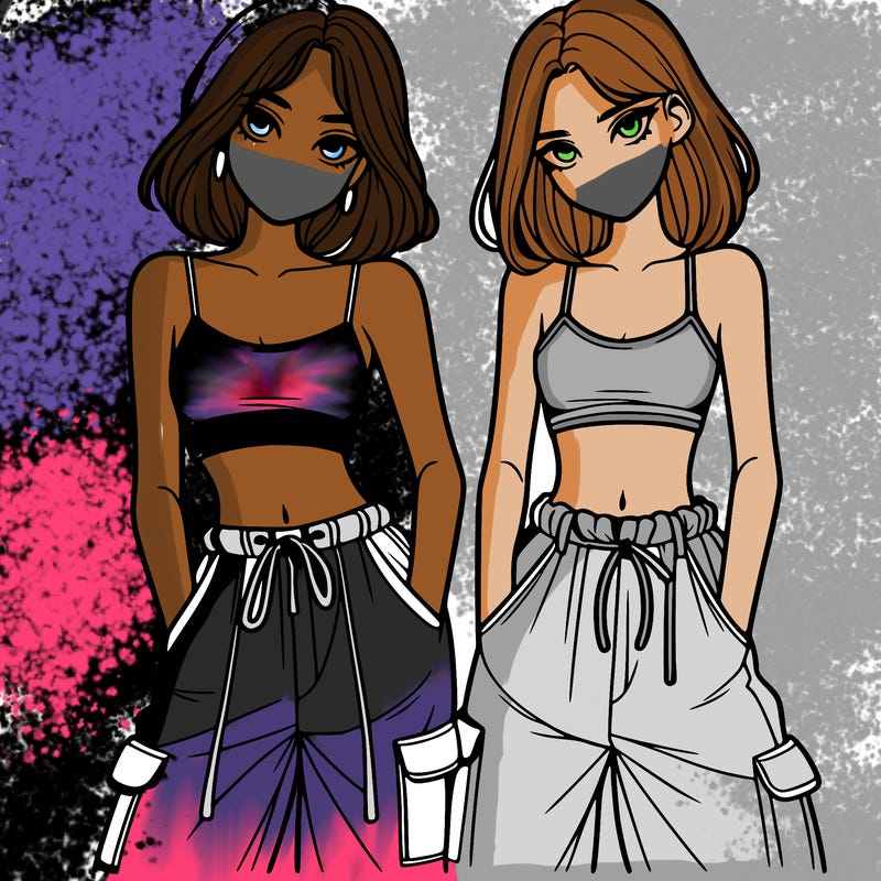two girls with crop top with baggy pants