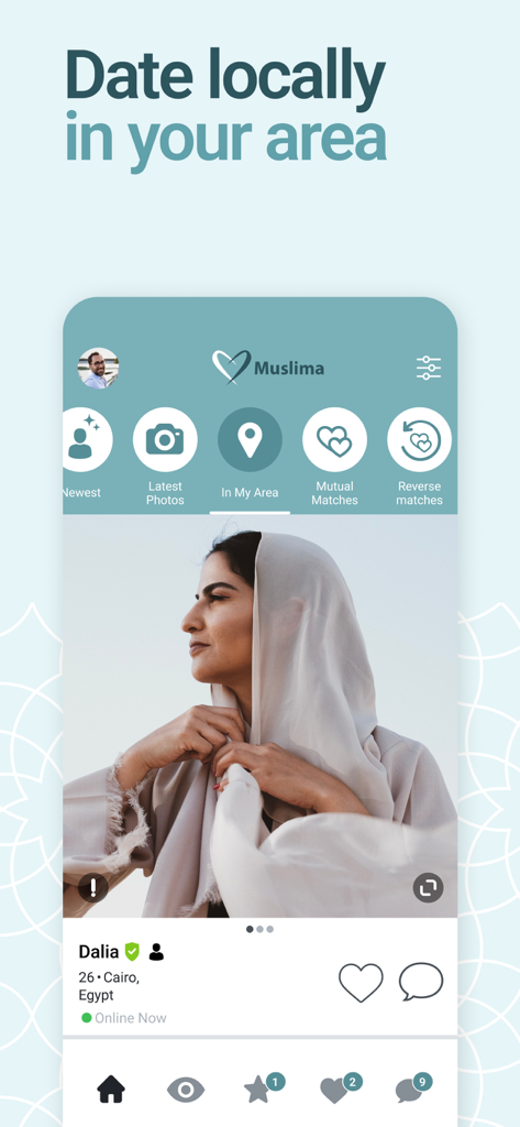 Muslima: Halal Muslim Dating - A screenshot of the Muslima dating app showing a user profile and the option to search for singles in your local area