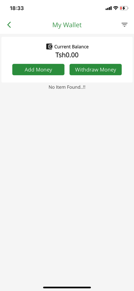 Mkinga Empire - Digital wallet screen in the Mkinga Empire app showing account balance and buttons to add or withdraw money.