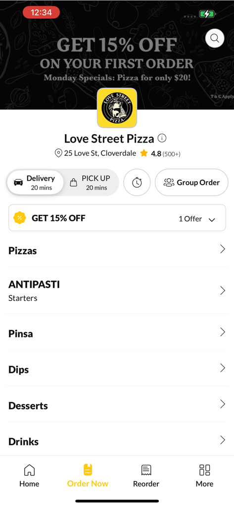 Love Street Pizza mobile app menu with food categories and delivery options