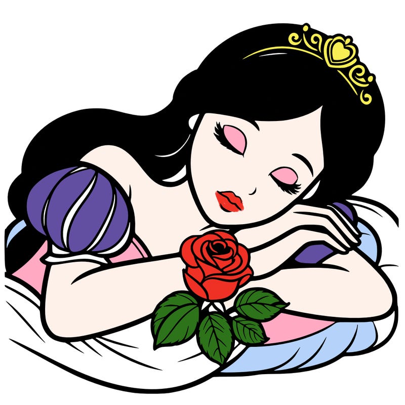 a fairytale princess sleeping with her hands crossed on her chest and a rose on her chest realistic