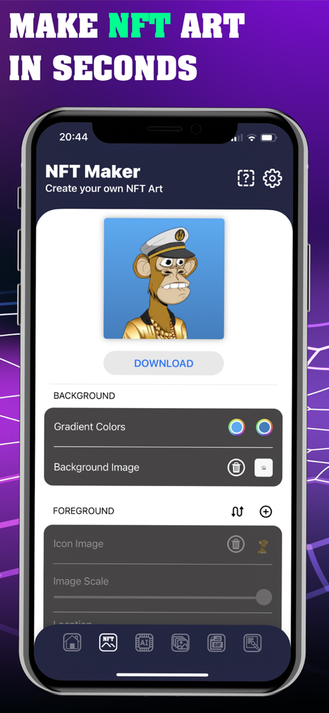 NFT Maker app interface showing a monkey character being edited with custom backgrounds