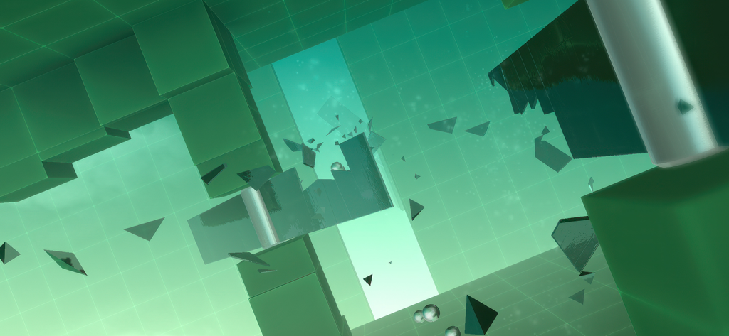 Vista en primera persona de objetos de cristal rompiéndose en un nivel futurista minimalista de color verde.