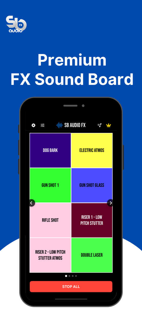 SB AUDIO FX - Smartphone zeigt die Benutzeroberfläche der mobilen SB Audio FX App mit bunten Soundeffekt-Pads für professionelle DJ-Auftritte