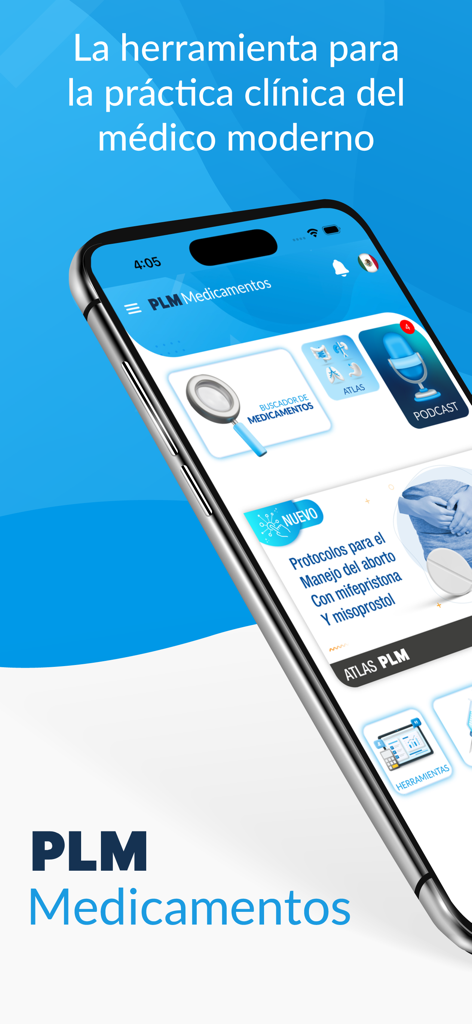 PLM Medicamentos - Interfaz de la aplicación PLM Medicamentos mostrando búsqueda de medicamentos y funciones de atlas médico