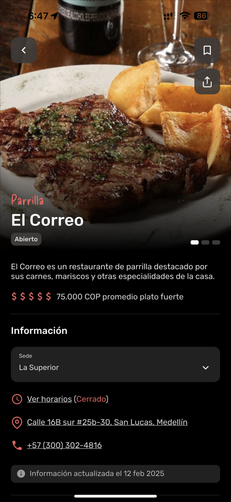 Tulio - Screenshot of the Tulio app showing restaurant details for El Correo steakhouse including a photo of grilled steak and location information