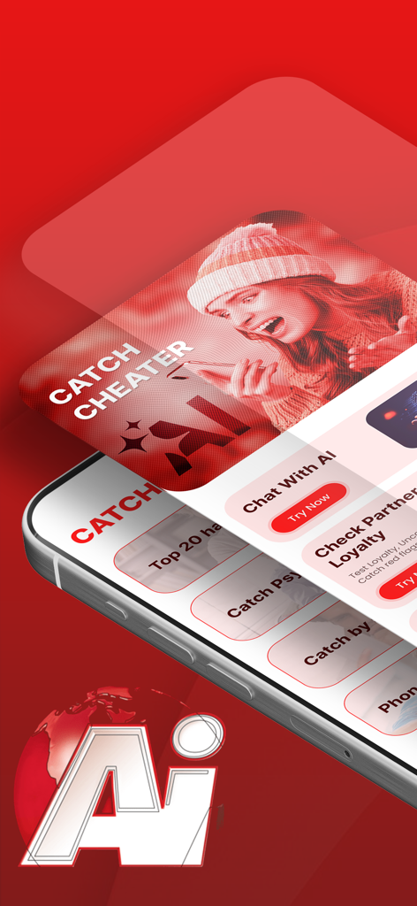Cheater buster ai - Screenshot of Cheater Buster AI app showing features like AI chat and partner loyalty tests for relationship security