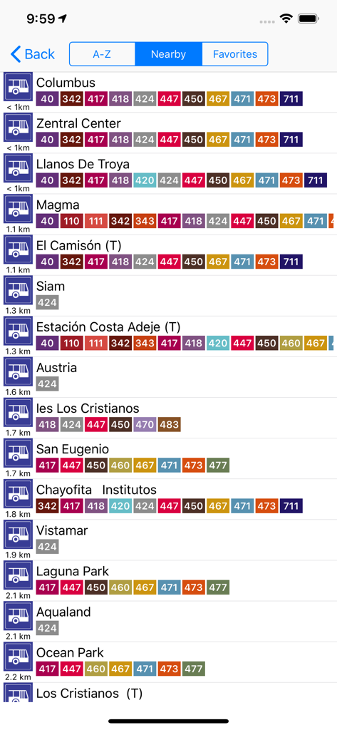 Liste des stations de bus à proximité et des itinéraires dans l'application de transports publics de Tenerife