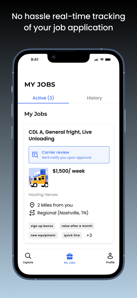 TransForce One CDL Jobs - TransForce One app screen showing real-time tracking of a CDL job application for general freight in Nashville