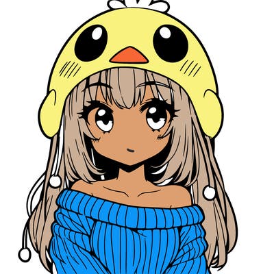 anime girl with chick shaped hat with sweater with bare shoulders with bangs covering them one eye with low tail