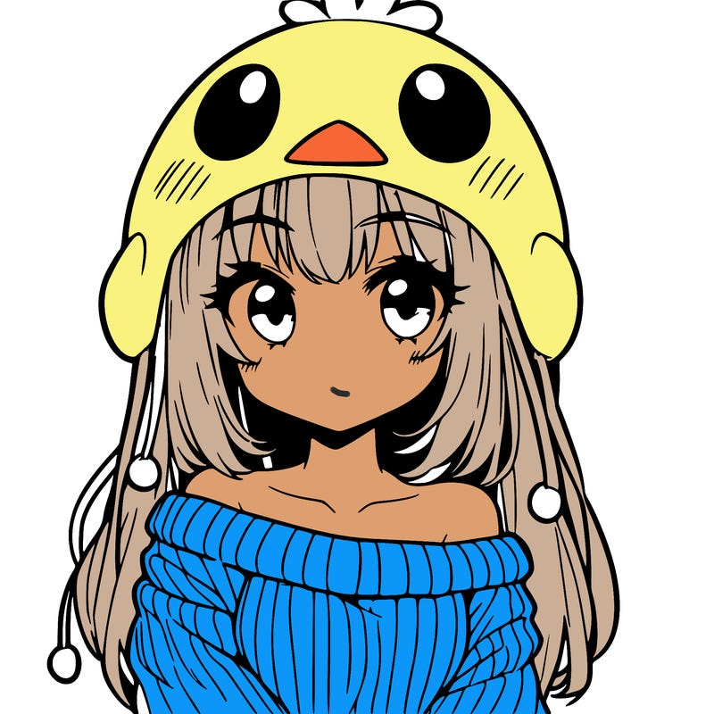 anime girl with chick shaped hat with sweater with bare shoulders with bangs covering them one eye with low tail