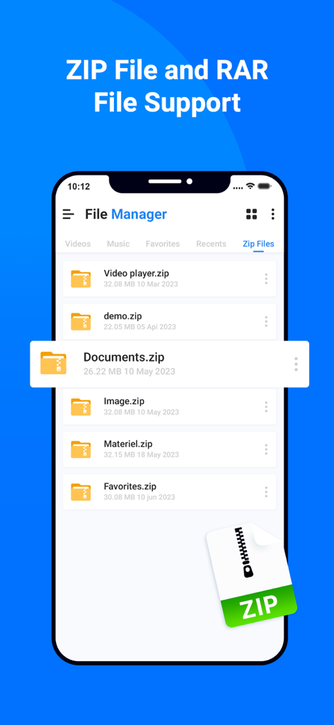 Interfaz de la aplicación de gestión de archivos que muestra soporte para archivos ZIP y RAR en una pantalla móvil