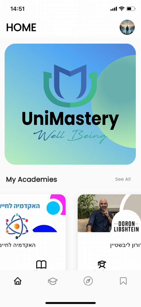 UniMastery Wellbeing app home dashboard showing personal growth academies and mentors