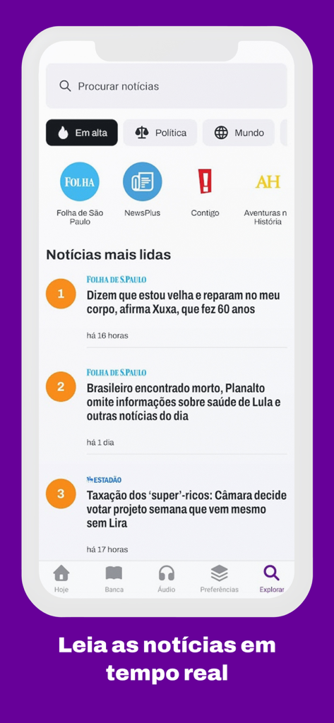Vivo News - Aplicativo Vivo News mostrando manchetes de notícias brasileiras em alta e publicações.