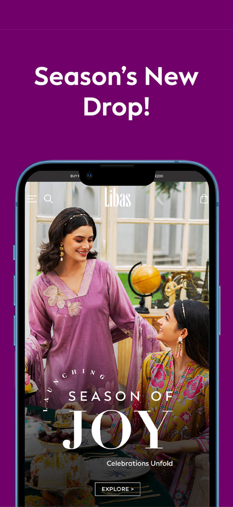 Libas - Fashion Shopping App - Libas App-Oberfläche, die das Banner der indischen Modekollektion 'Season of Joy' zeigt