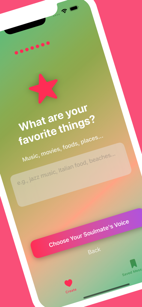 Amuna app quiz screen asking users for their favorite things to customize a romantic AI voice note.