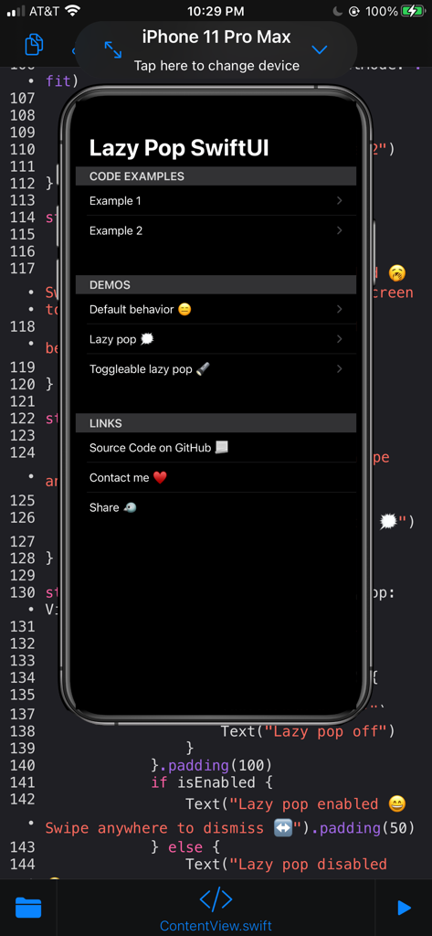 App Maker Professional - Interface d'App Maker Professional montrant le code SwiftUI et un aperçu de l'application en direct sur un iPhone