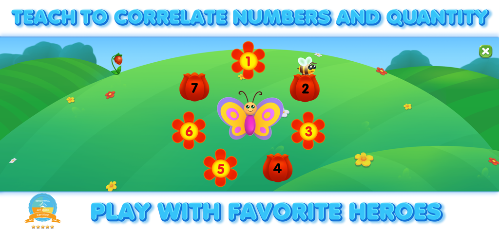 Educational game screen for toddlers featuring numbered flowers and a colorful butterfly to teach counting.