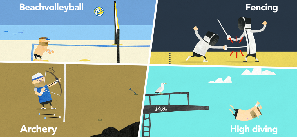 Fiete Sports Fun Minigames 4+ - A collage showing beach volleyball fencing archery and high diving minigames