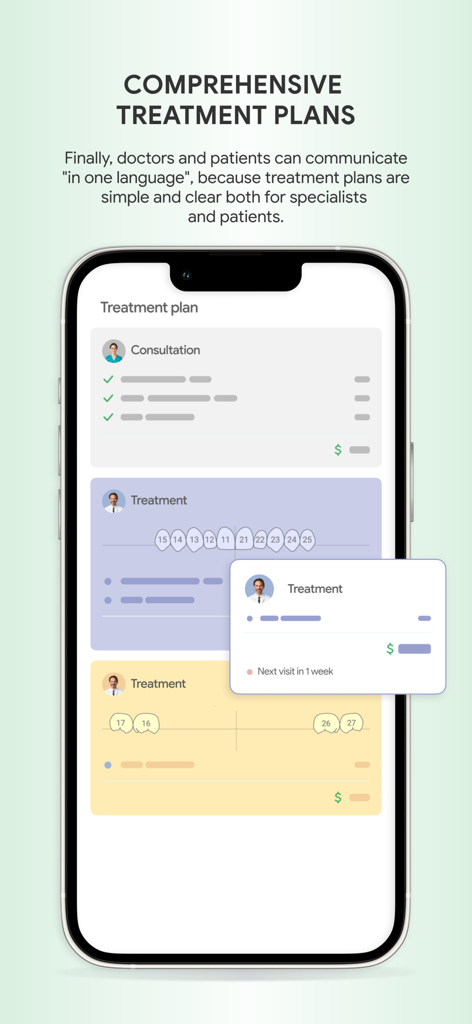 Smartphone screen displaying the Cliniccards app with a visual dental treatment plan including tooth diagrams and cost estimates