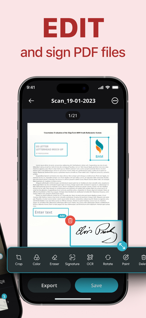 PDF Scanner & Document Editor - Un smartphone affichant un document PDF en cours d'édition avec une signature électronique et des outils professionnels tels que l'OCR et le recadrage.