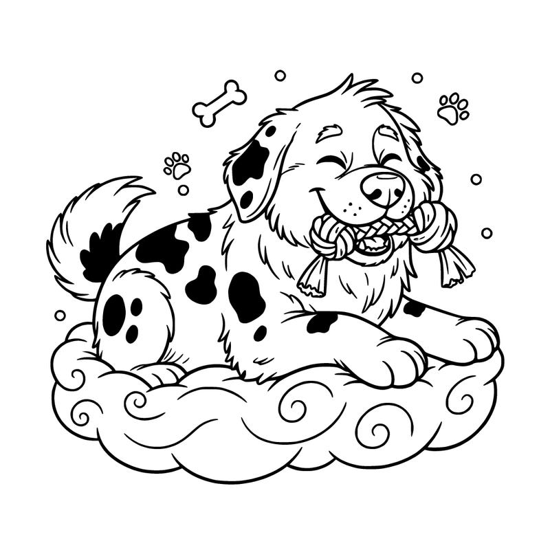 big fluffy dog with spots with a toy in his mouth living a dream dog