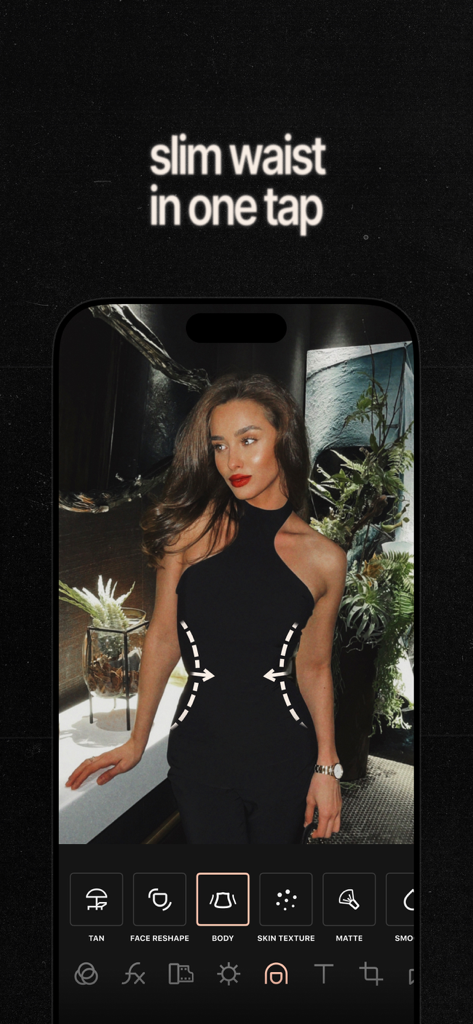 Smartphone screen displaying the Esti app body editing tool to slim the waist on a photo of a woman in a black dress.