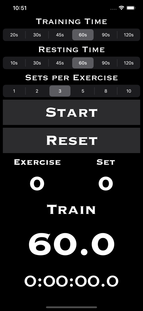 HIITCounter - HIITCounter app screen showing training and resting time settings