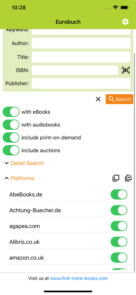 Find-More-Books - Interfaz detallada de búsqueda de libros con campos de autor y título y selección de plataforma de librería